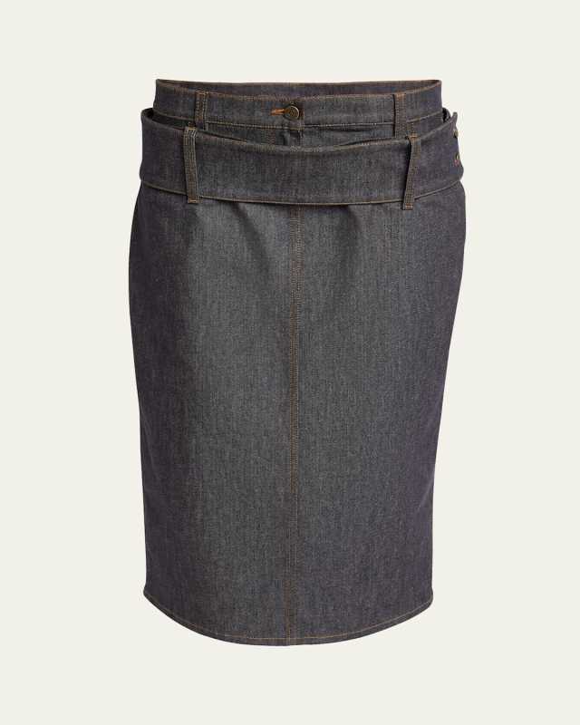 Double Belt Denim Midi Skirt